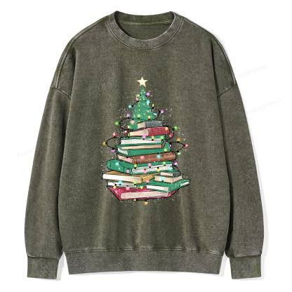 Pagewings Christmas Book Tree Unisex Washed Sweatshirt