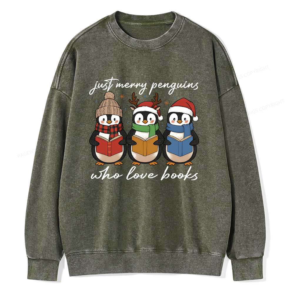 Pagewings Just Merry Penguins Who Love Books Unisex Washed Sweatshirt