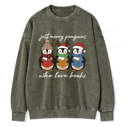 Pagewings Just Merry Penguins Who Love Books Unisex Washed Sweatshirt
