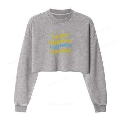 Pagewings I'm Not Antisocial I Just Prefer Cats And Books Women Washed Crop Sweatshirt