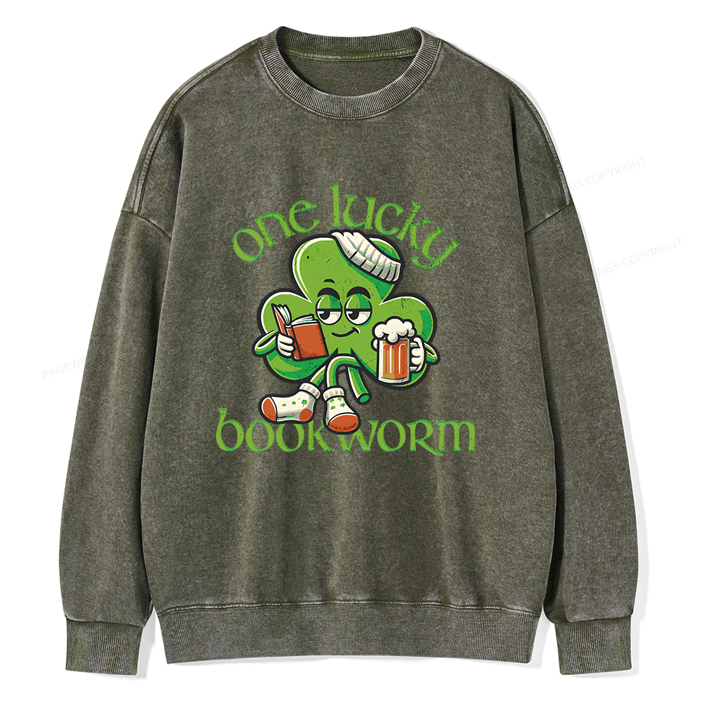Pagewings  Lucky Book worm Shirt St. Patrick Day outfit Unisex Washed Sweatshirt