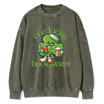Pagewings  Lucky Book worm Shirt St. Patrick Day outfit Unisex Washed Sweatshirt