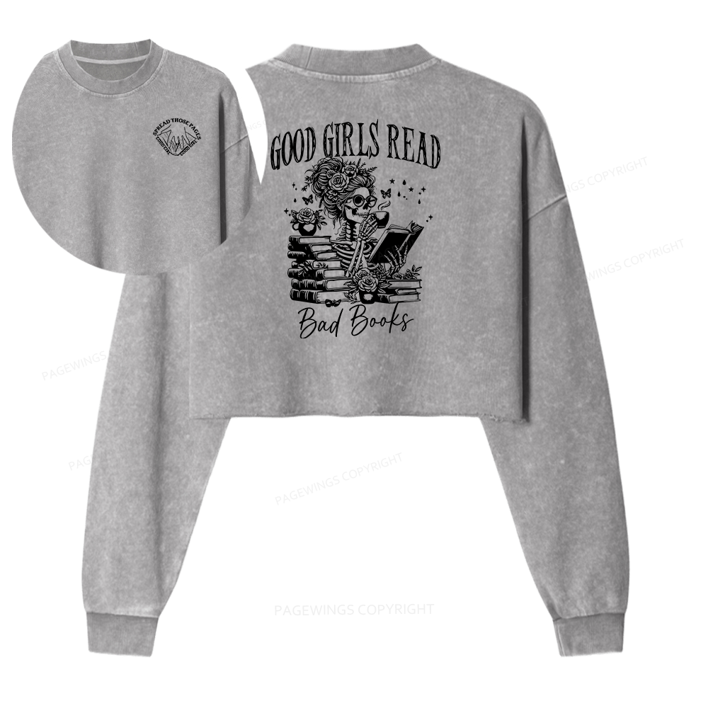 Pagewings Good Girls Read Bad Books Women Washed Crop Sweatshirt