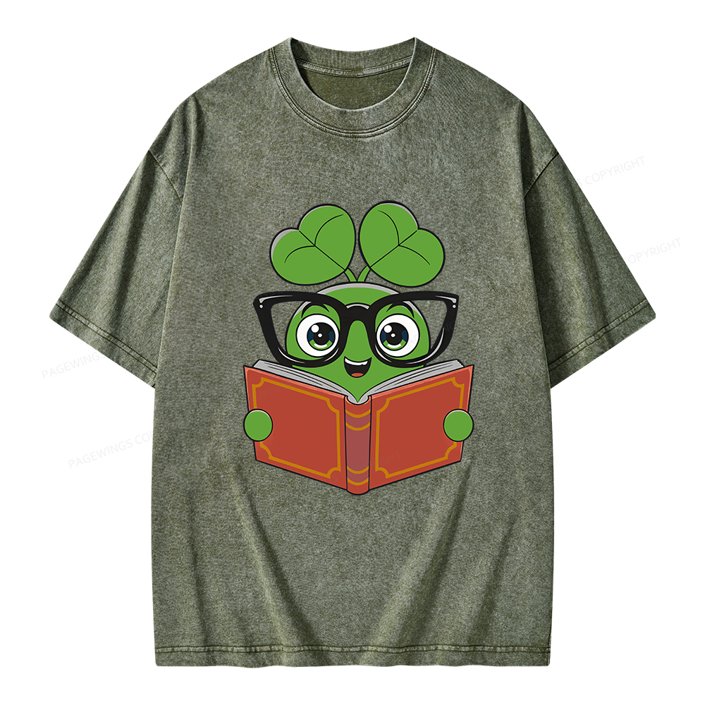 Pagewings Cute Reading Clover Tee Lucky Bookworm T-Shirt Unisex Washed T-shirt
