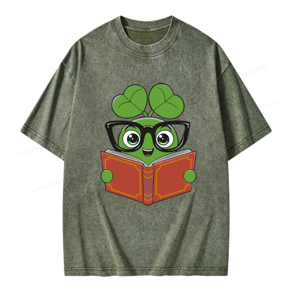 Pagewings Cute Reading Clover Tee Lucky Bookworm T-Shirt Unisex Washed T-shirt