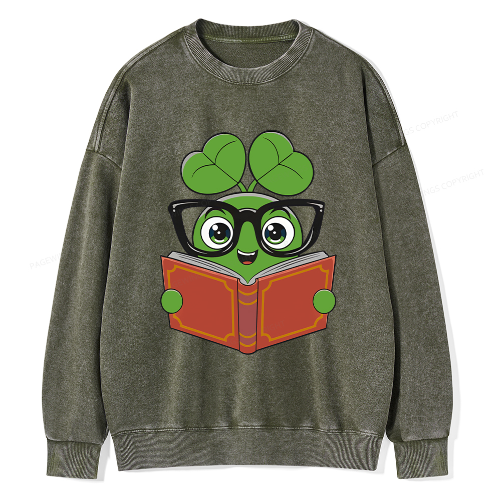  Pagewings Cute Reading Clover Tee Lucky Bookworm T-Shirt Unisex Washed Sweatshirt