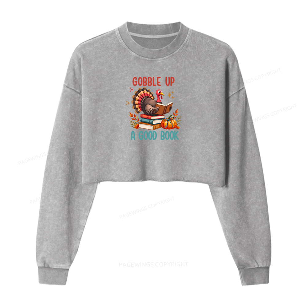 Pagewings Thanksgiving Turkey Reading Women Washed Crop Sweatshirt