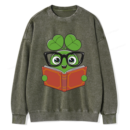  Pagewings Cute Reading Clover Tee Lucky Bookworm T-Shirt Unisex Washed Sweatshirt