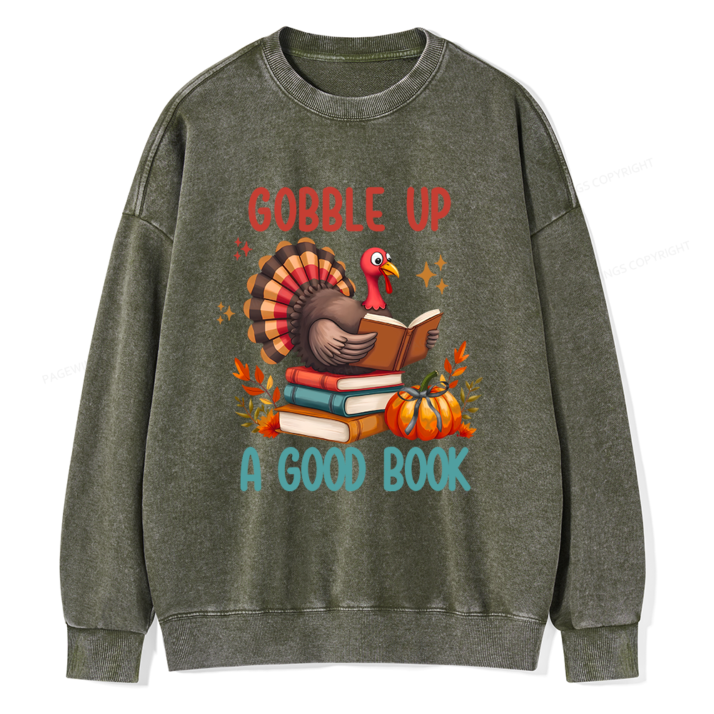 Pagewings Thanksgiving Turkey Reading Unisex Washed Sweatshirt