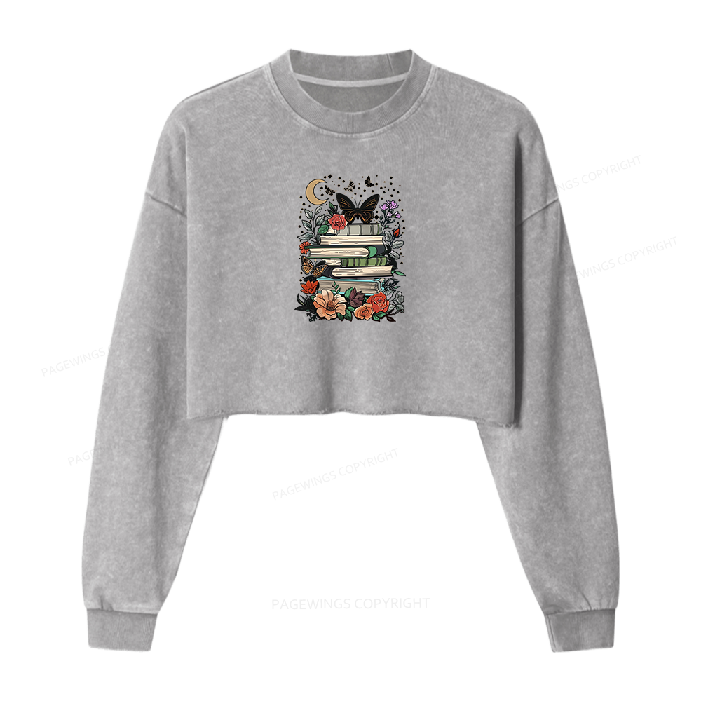 Pagewings Reading Books Stay Weird Women Washed Crop Sweatshirt
