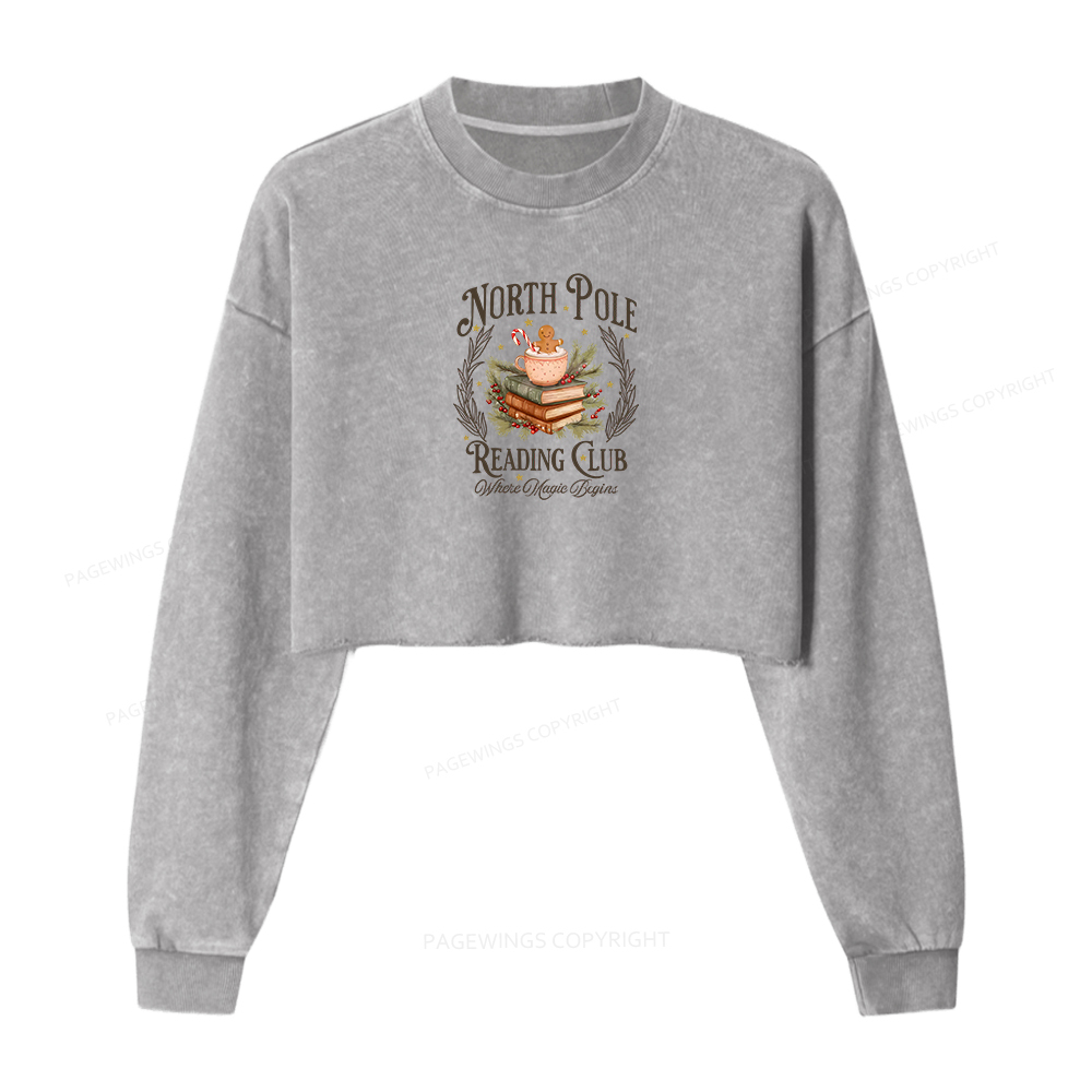 Pagewings North Pole Book Club Women Washed Crop Sweatshirt