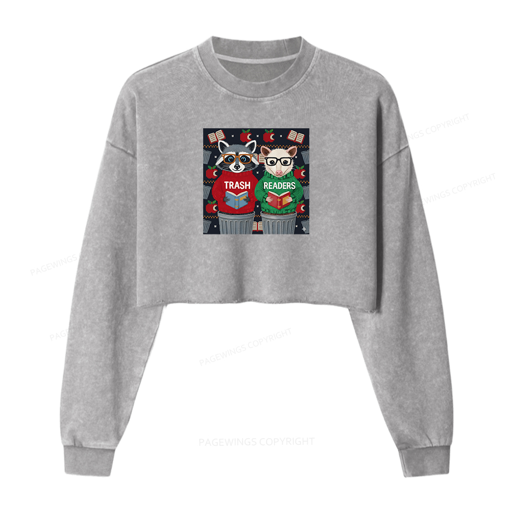 Pagewings Funny Book Lover Women Washed Crop Sweatshirt