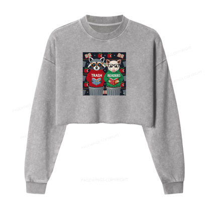 Pagewings Funny Book Lover Women Washed Crop Sweatshirt