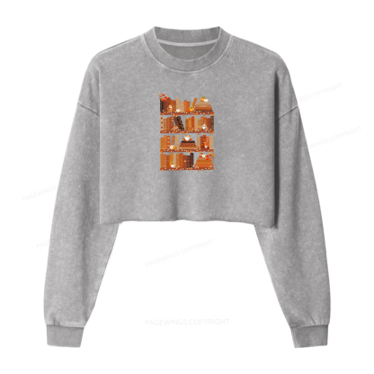 Pagewings Cozy Season Books Lover Women Washed Crop Sweatshirt