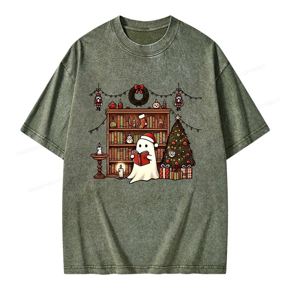 Pagewings Christmas Ghost Book Unisex Washed T-shirt