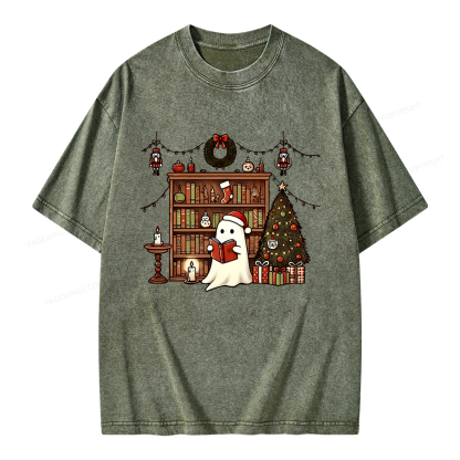 Pagewings Christmas Ghost Book Unisex Washed T-shirt