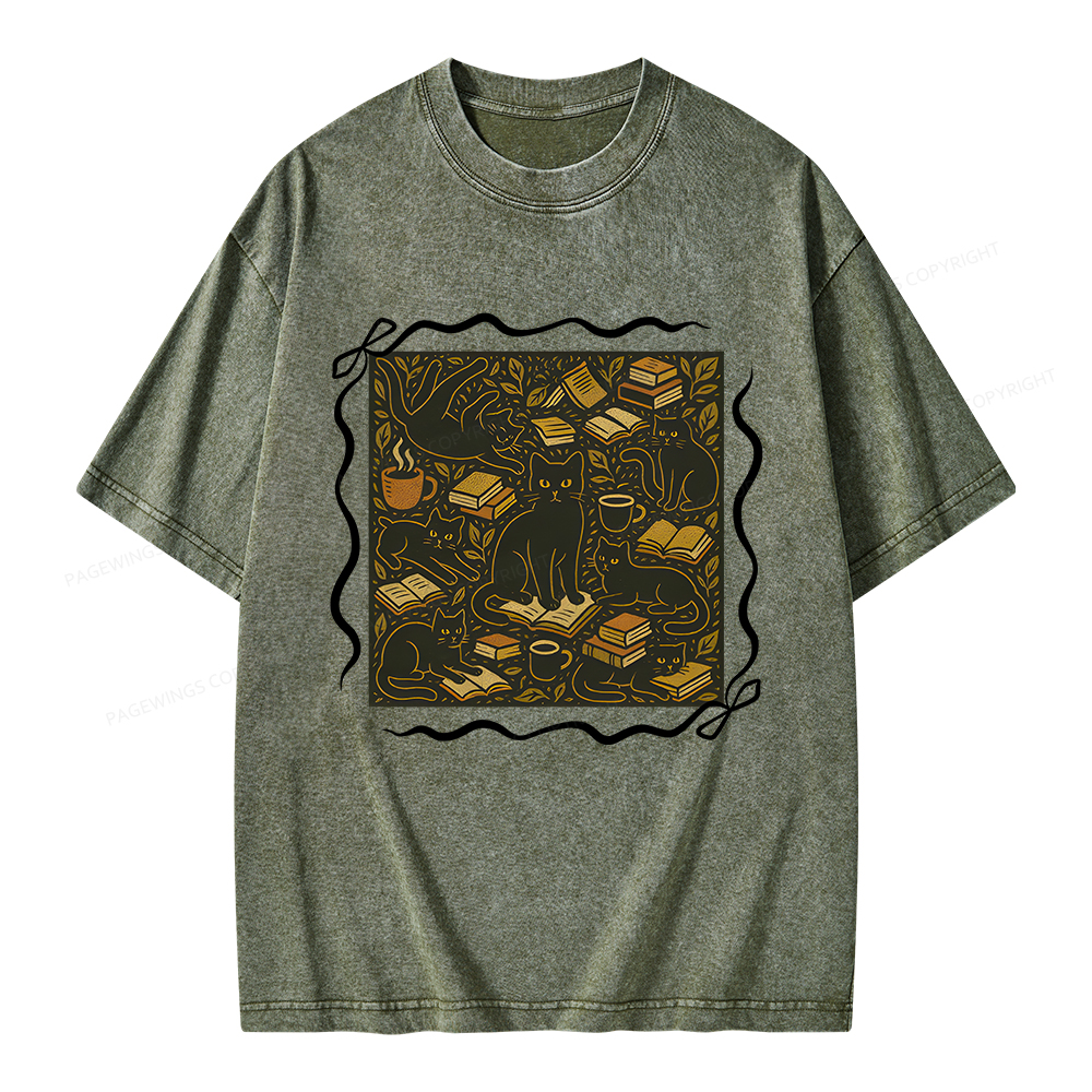 Pagewings Cats And Books Unisex Washed T-shirt
