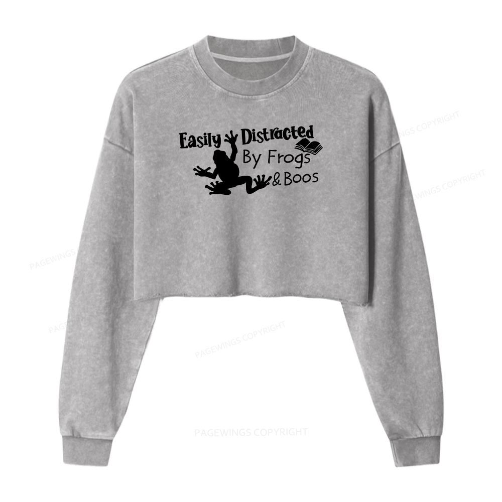 Pagewings Easily Distracted by Frogs& books Women Washed Crop Sweatshirt