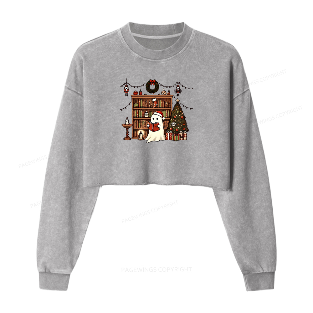 Pagewings Christmas Ghost Book Women Washed Crop Sweatshirt