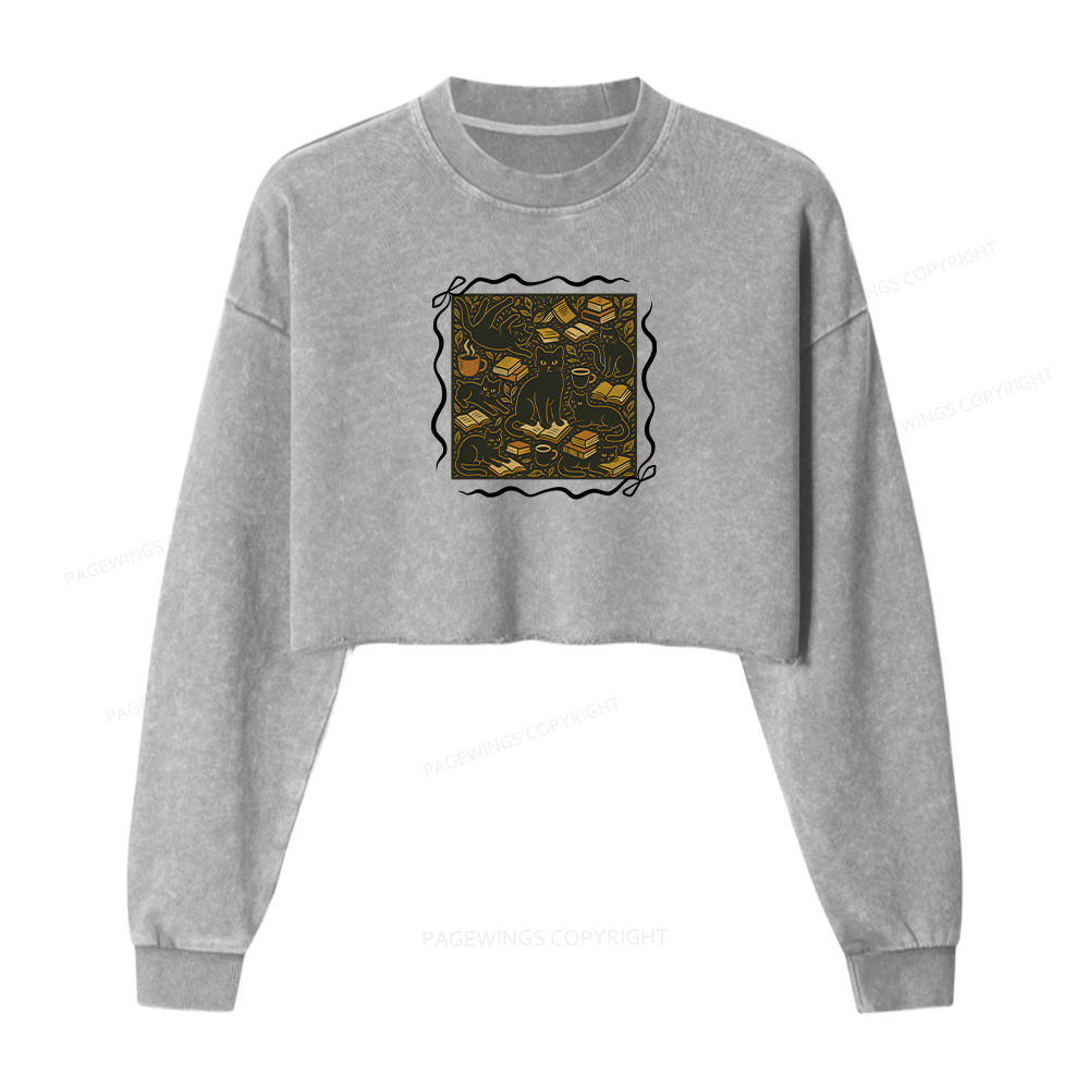 Pagewings Cats And Books Women Washed Crop Sweatshirt