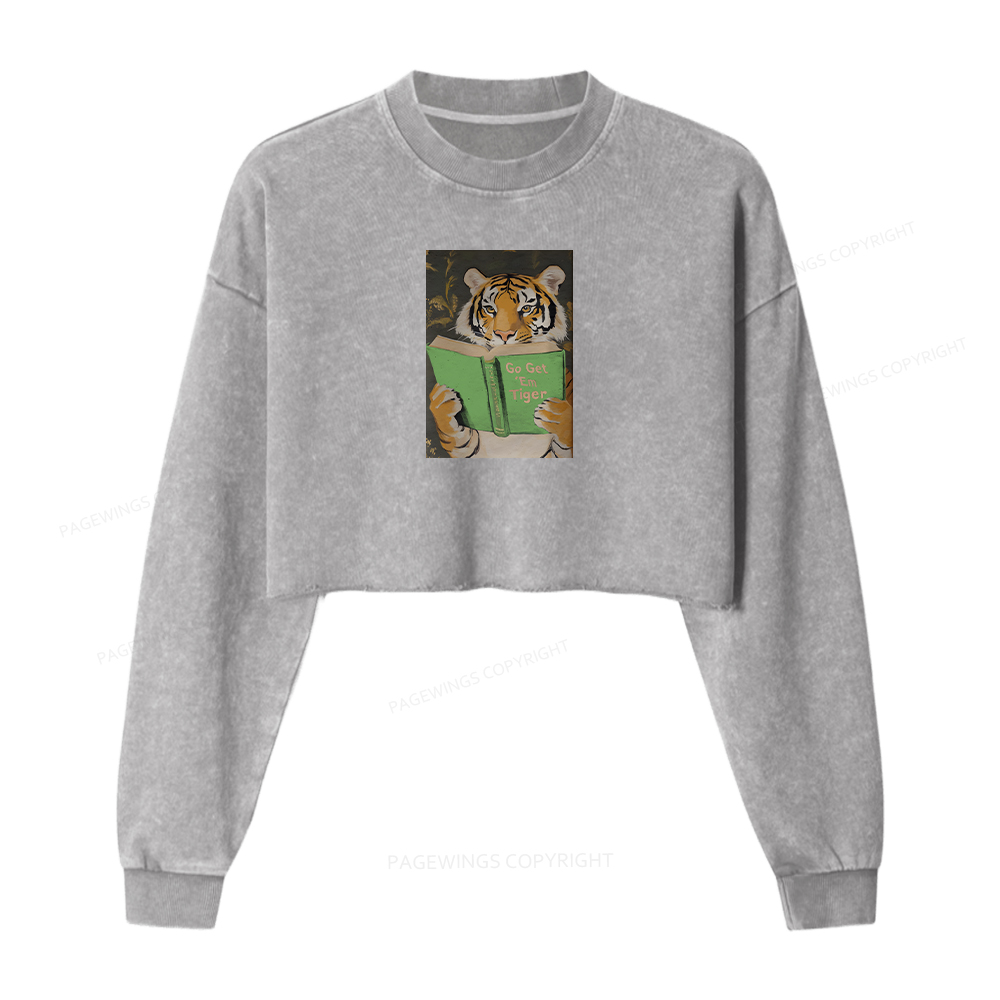 Pagewings Motivational Tiger Reading Women Washed Crop Sweatshirt