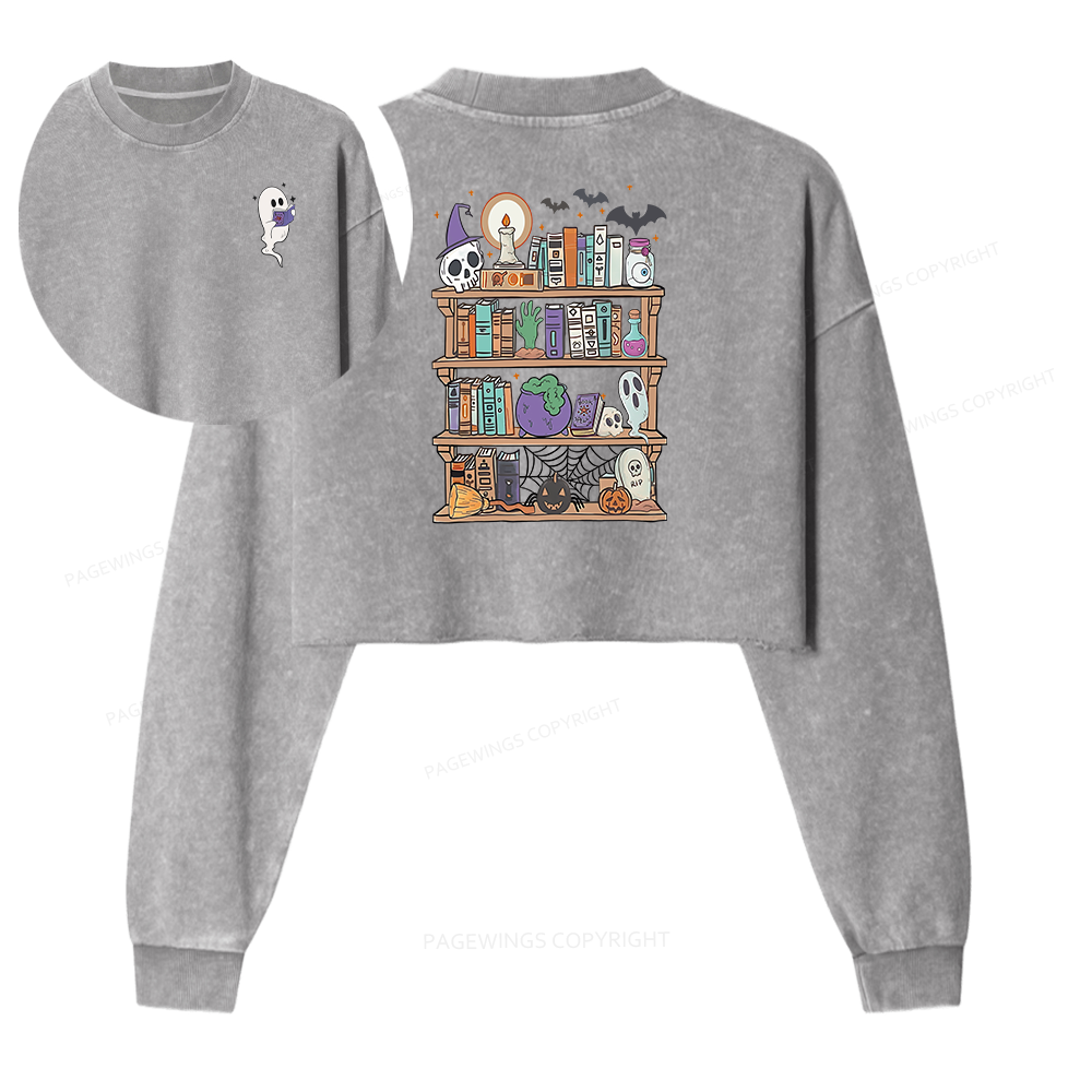 Pagewings Ghost Book Reader Halloween Women Washed Crop Sweatshirt