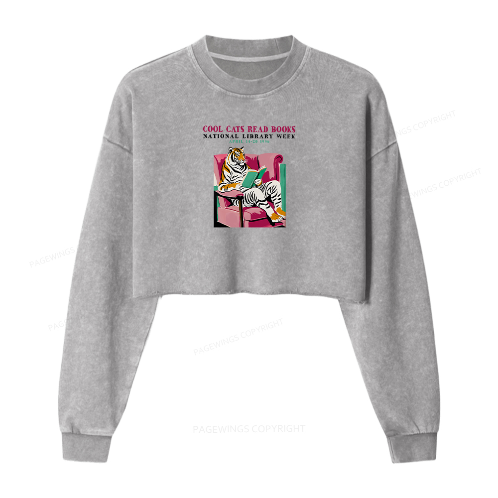 Pagewings Library Week Poster 1996 Women Washed Crop Sweatshirt
