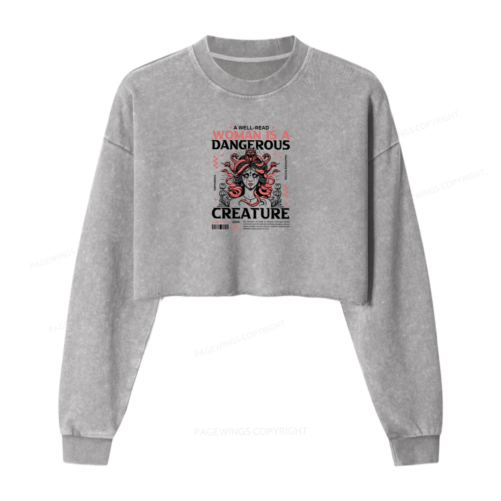 Pagewings A Well-Read Woman is A Dangerous Creature Women Washed Crop Sweatshirt