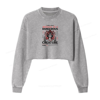 Pagewings A Well-Read Woman is A Dangerous Creature Women Washed Crop Sweatshirt