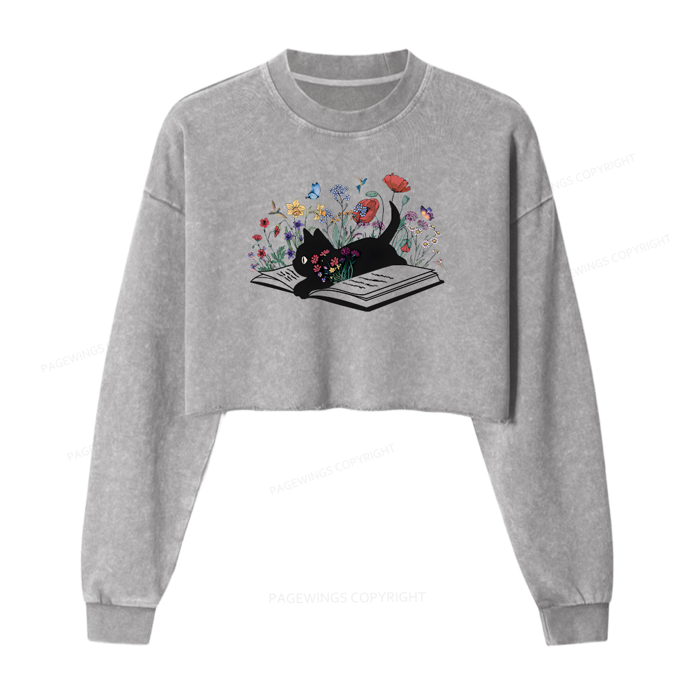 Pagewings Cute Book Cat Women Washed Crop Sweatshirt