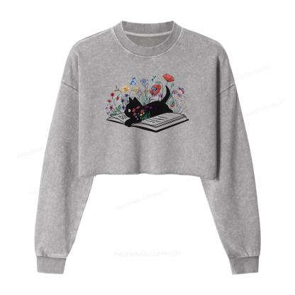 Pagewings Cute Book Cat Women Washed Crop Sweatshirt