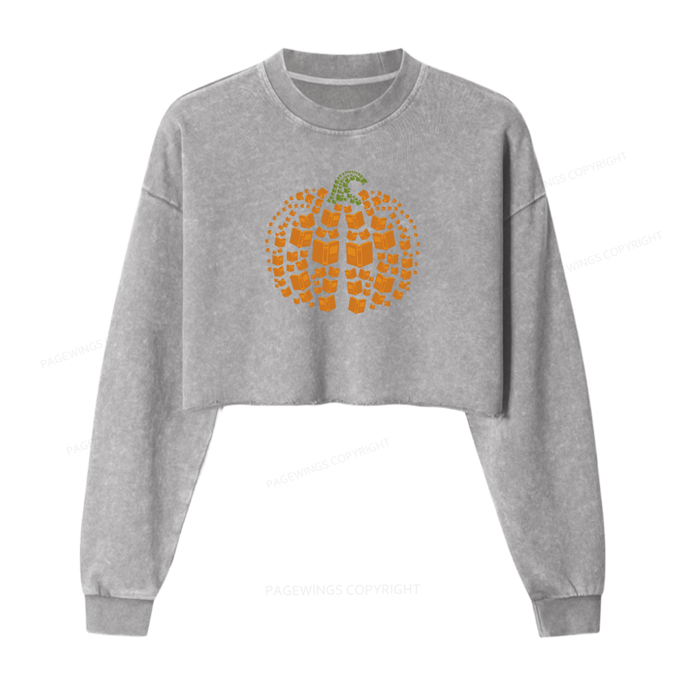Pagewings Thanksgiving Book Pumpkin Women Washed Crop Sweatshirt