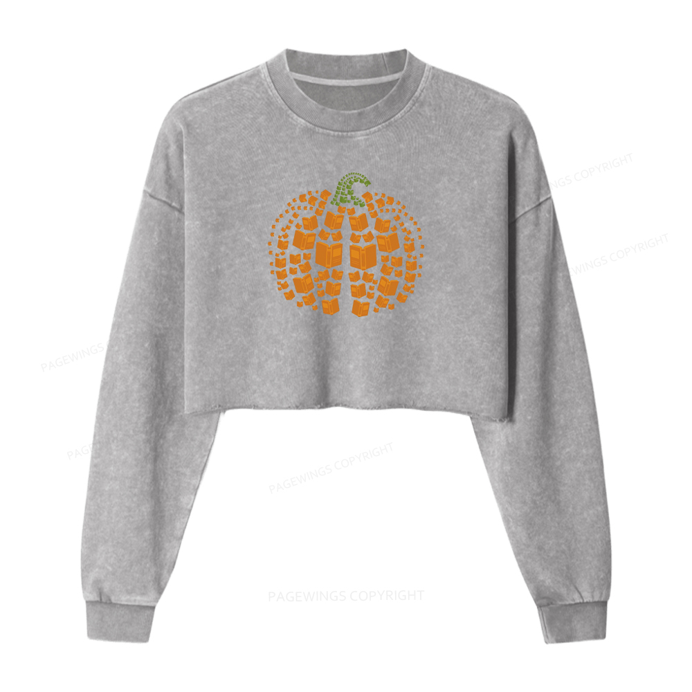 Pagewings Thanksgiving Book Pumpkin Women Washed Crop Sweatshirt