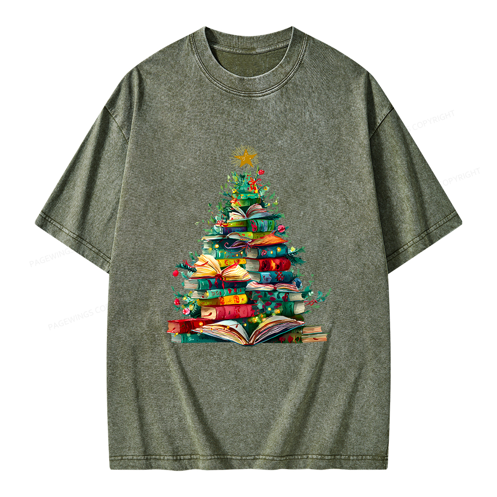 Pagewings Christmas Book Tree Unisex Washed T-shirt