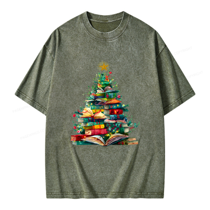 Pagewings Christmas Book Tree Unisex Washed T-shirt
