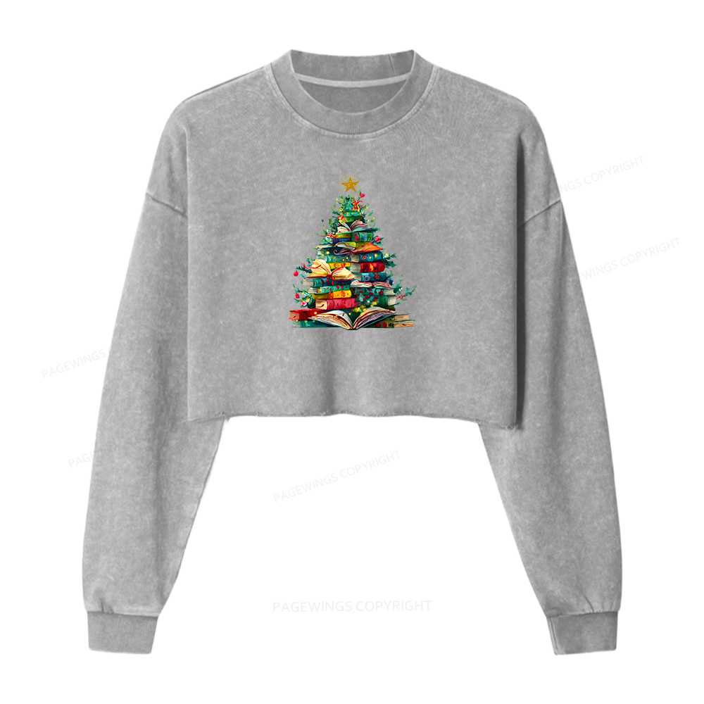 Pagewings Christmas Book Tree Women Washed Crop Sweatshirt
