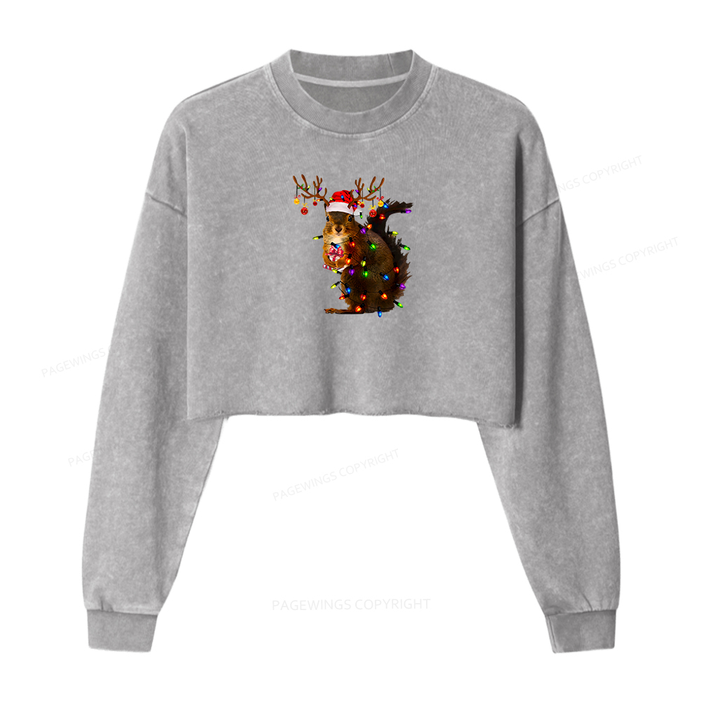 Pagewings Christmas Squirrel Lights Women Washed Crop Sweatshirt