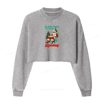 Pagewings Christmas Reading Women Washed Crop Sweatshirt