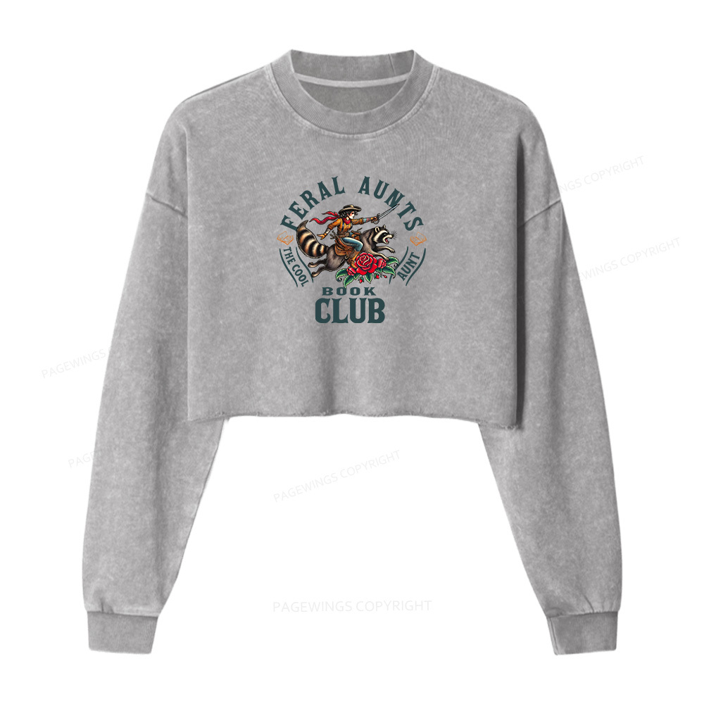 Pagewings Feral Aunt Social Book Club Women Washed Crop Sweatshirt