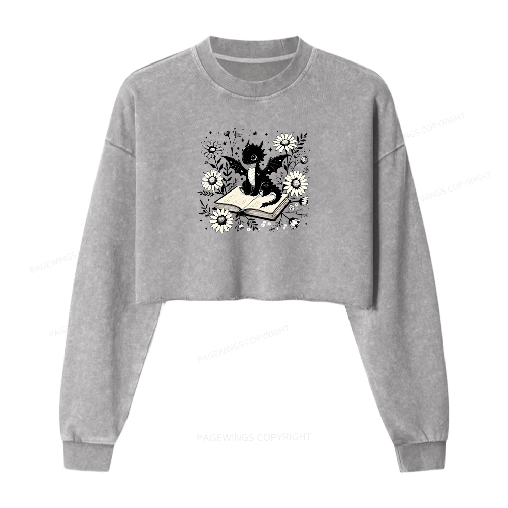 Pagewings Bookworm Dragon Women Washed Crop Sweatshirt