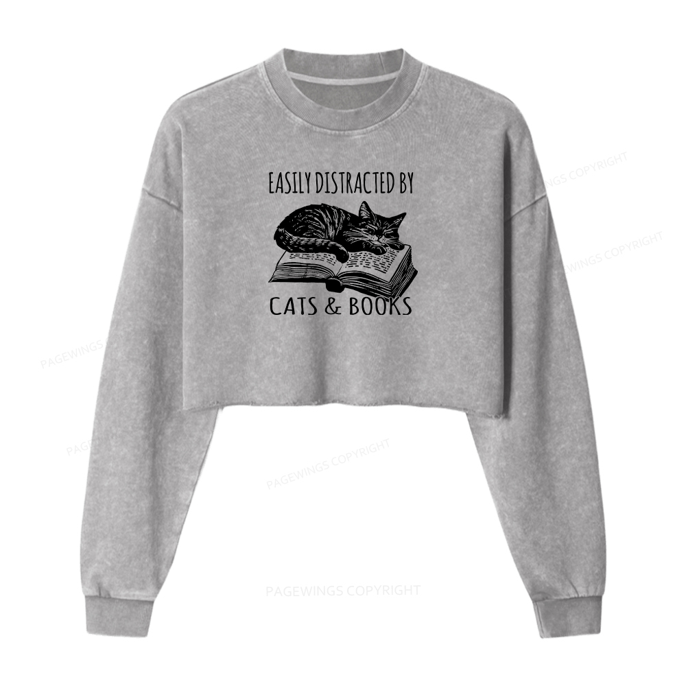 Pagewings Easily Distracted By Cats & Books Women Washed Crop Sweatshirt