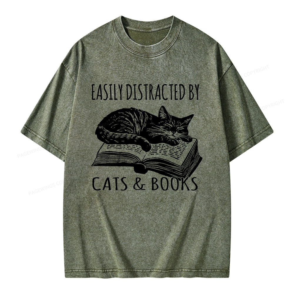 Pagewings Easily Distracted By Cats & Books Unisex Washed T-shirt