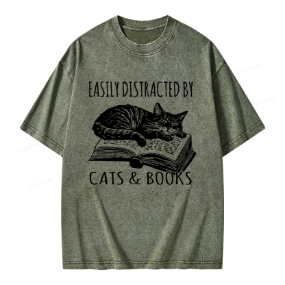 Pagewings Easily Distracted By Cats & Books Unisex Washed T-shirt