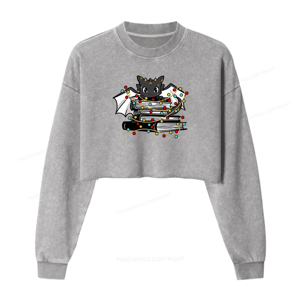 Pagewings Cute Book Dragon Holiday Women Washed Crop Sweatshirt