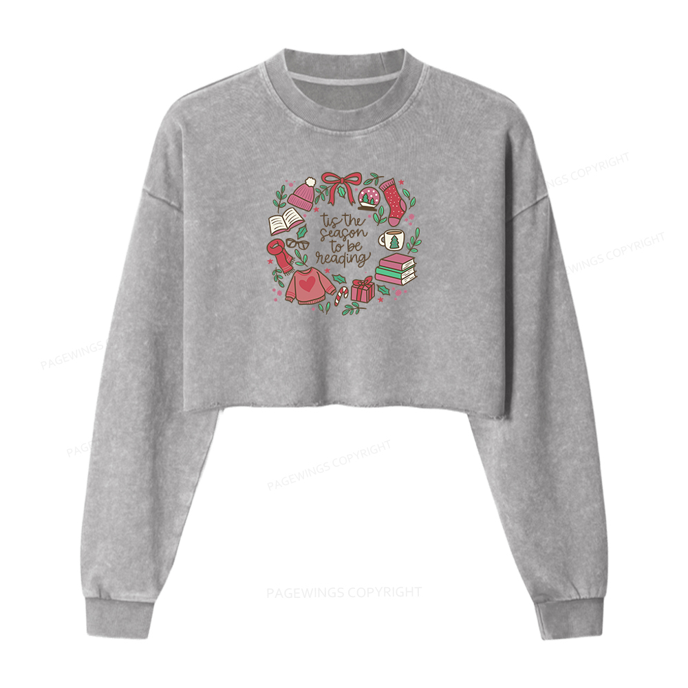 Pagewings Tis The Season To Be Reading Women Washed Crop Sweatshirt
