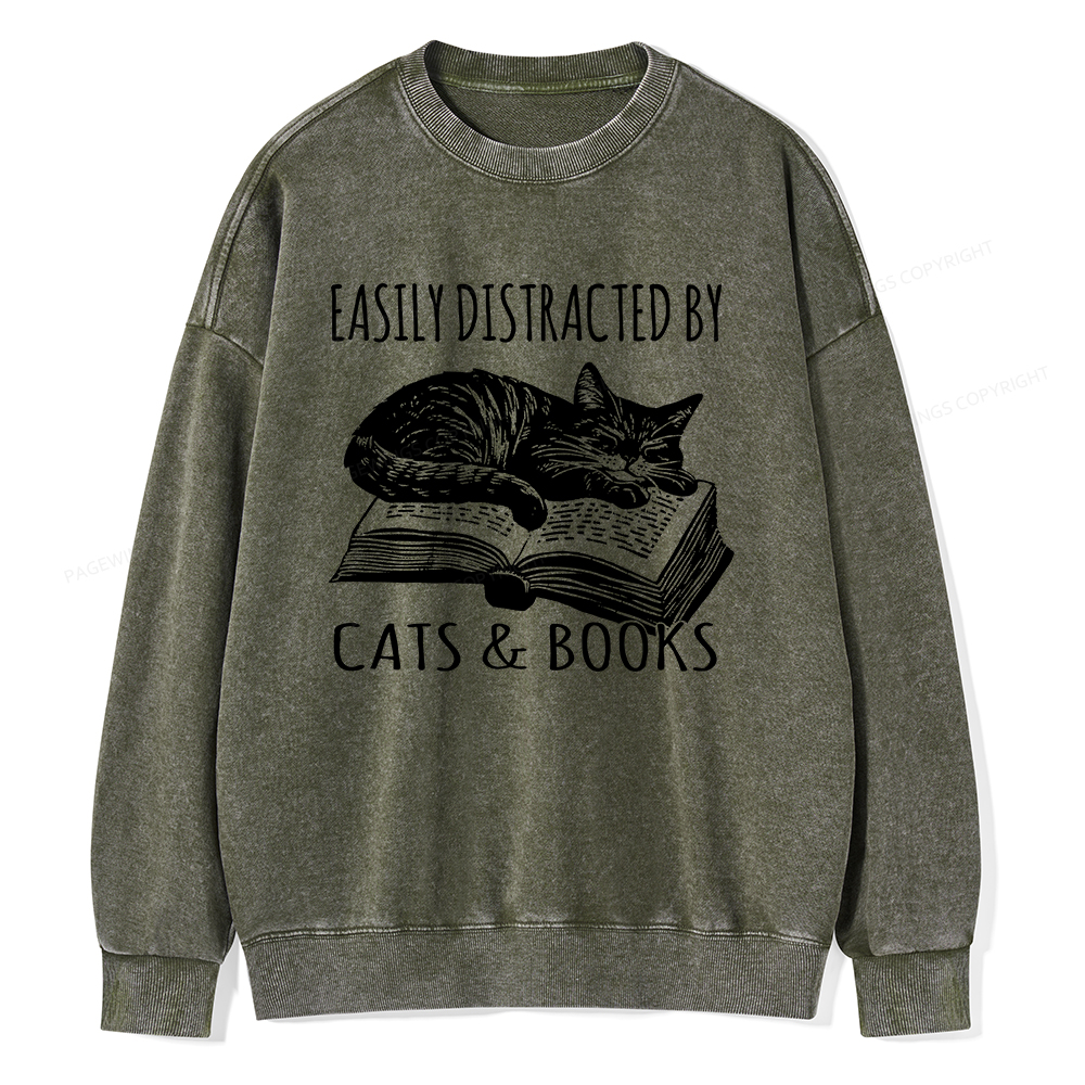 Pagewings Easily Distracted By Cats & Books Unisex Washed Sweatshirt