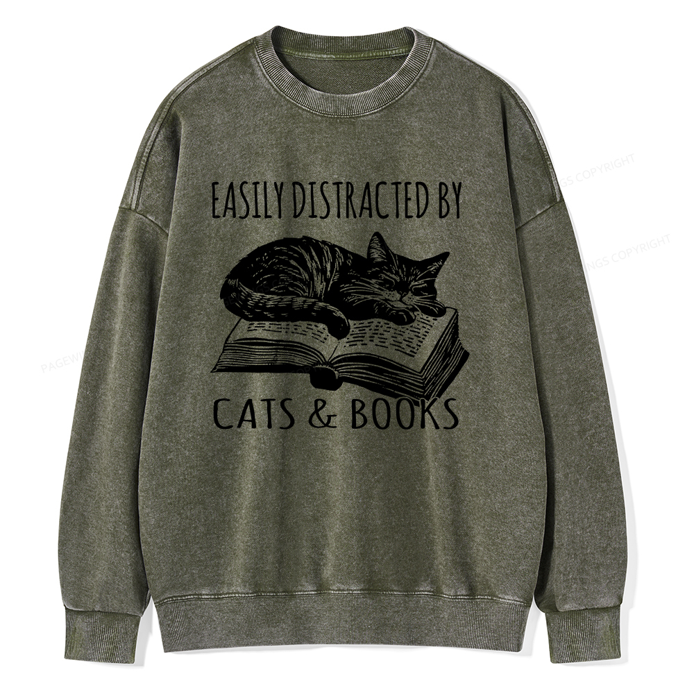 Pagewings Easily Distracted By Cats & Books Unisex Washed Sweatshirt