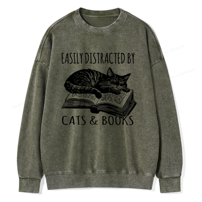 Pagewings Easily Distracted By Cats & Books Unisex Washed Sweatshirt