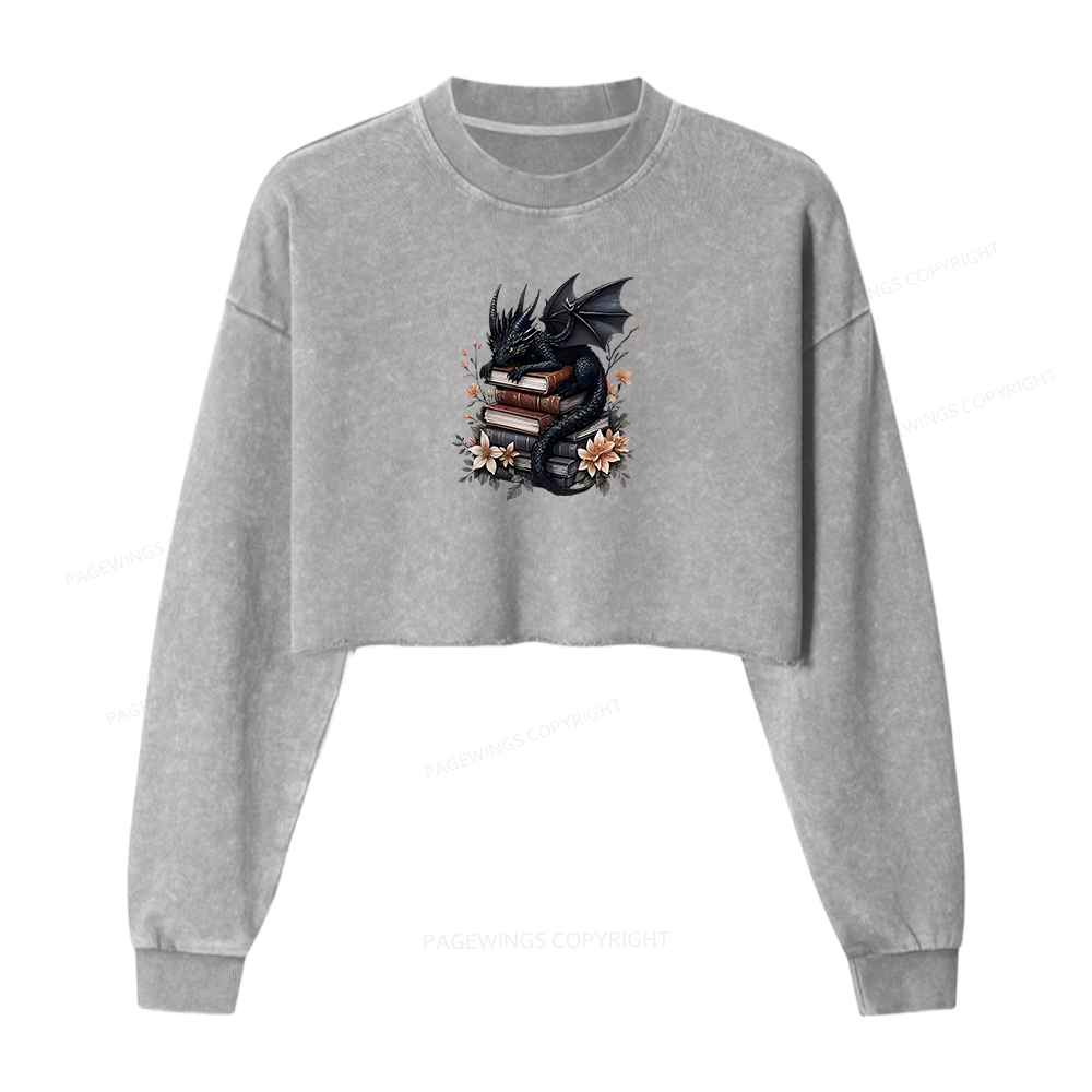 Pagewings Black Dragon Book Women Washed Crop Sweatshirt