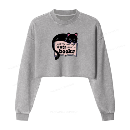 Pagewings Just me my Cats and Books Women Washed Crop Sweatshirt